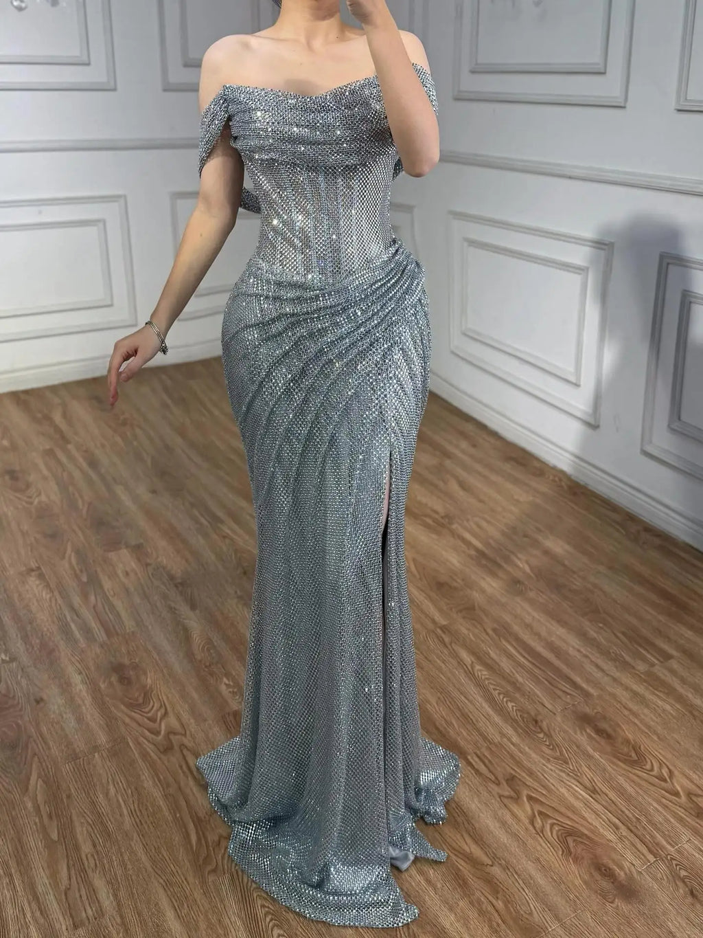 Kosovo Luxury Silver Diamonds Off Shoulder With Slit Mermaid Evening Dress CLA73410