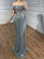 Kosovo Luxury Silver Diamonds Off Shoulder With Slit Mermaid Evening Dress CLA73410
