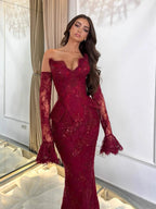 Luxury Burgundy Lace Beaded Mermaid Evening Dress CLA73341