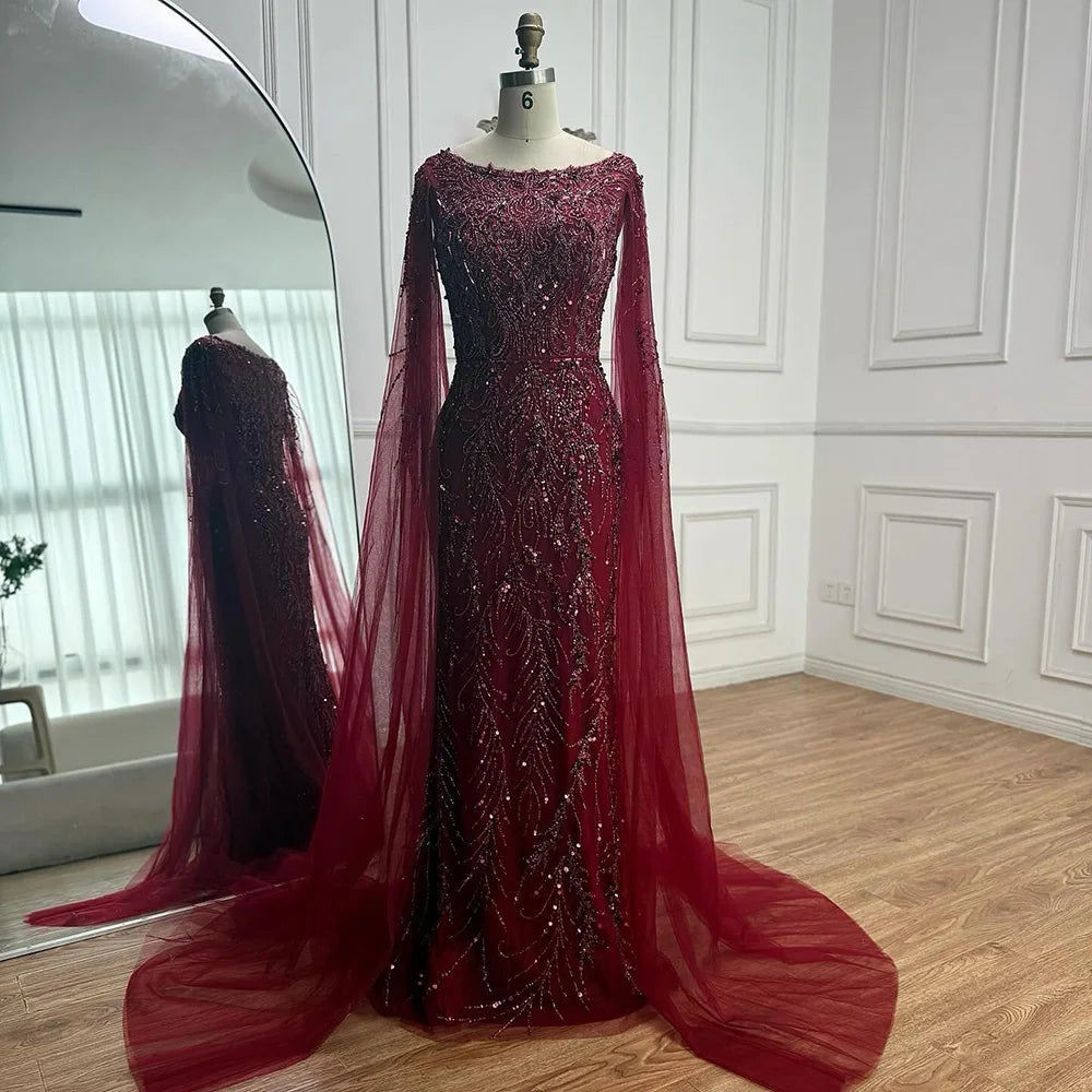 Luxury Caramel Beaded Mermaid Evening Dress With Cape Sleeves CLA73078