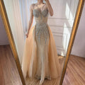 Luxury Nude Spaghetti Strap Mermaid Evening Dress with Overskirt Beaded CLA73090A