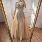 Luxury Nude Spaghetti Strap Mermaid Evening Dress with Overskirt Beaded CLA73090A