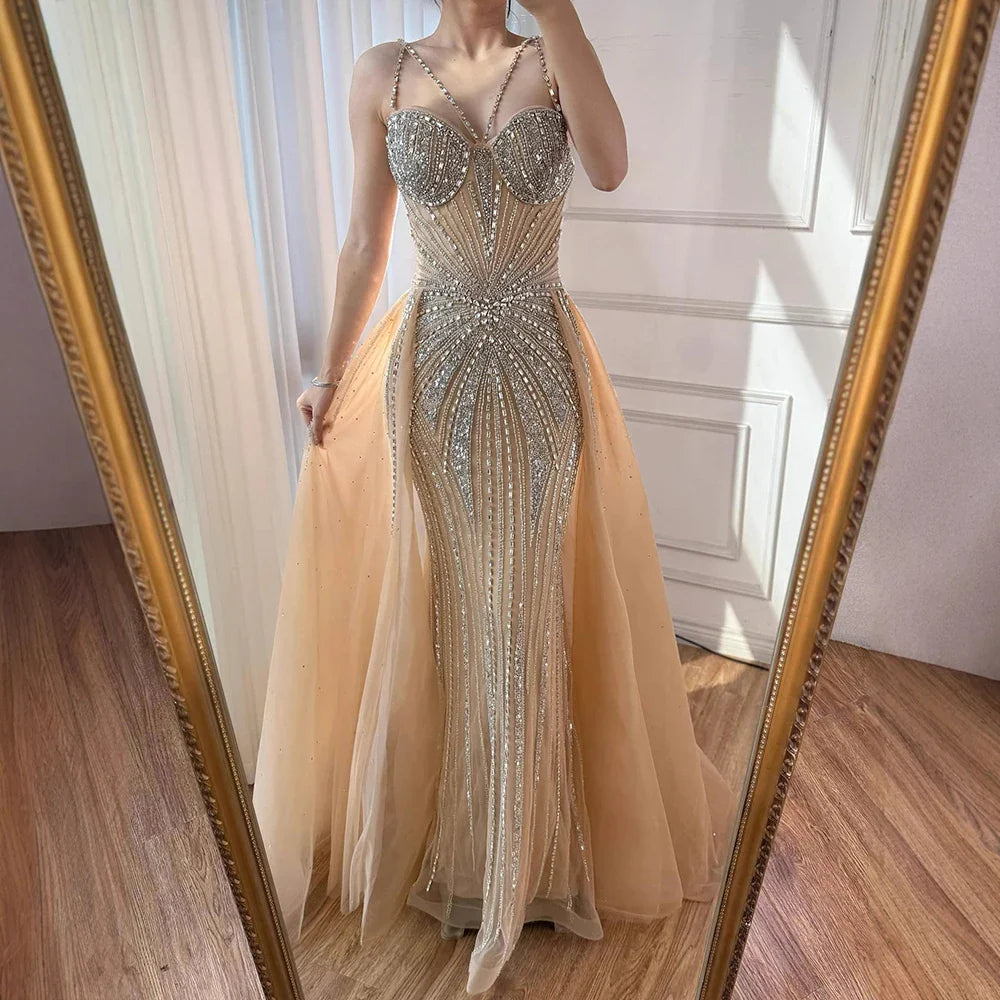 Luxury Nude Spaghetti Strap Mermaid Evening Dress with Overskirt Beaded CLA73090A