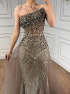 Luxury Olive Green Beaded Mermaid Evening Dress With Overskirt CLA73164A