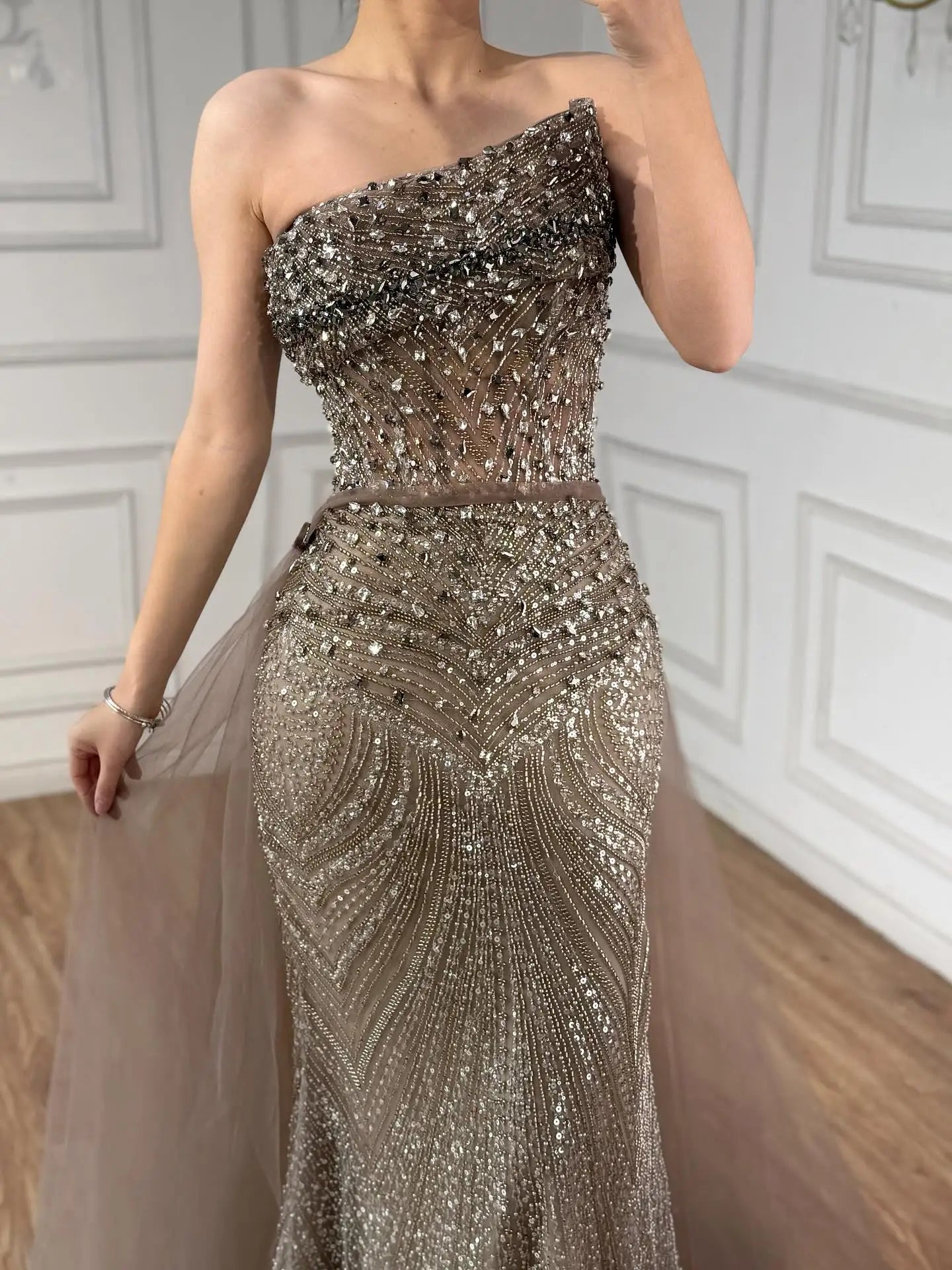 Luxury Olive Green Beaded Mermaid Evening Dress With Overskirt CLA73164A