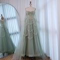 Luxury Arabic Sage Green Beaded A-Line Evening Dress with Cape CLA72605A