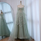 Luxury Arabic Sage Green Beaded A-Line Evening Dress with Cape CLA72605A