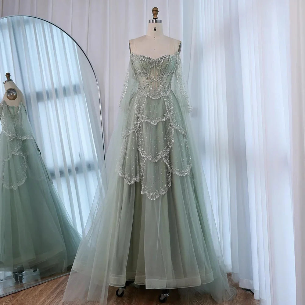 Luxury Arabic Sage Green Beaded A-Line Evening Dress with Cape CLA72605A