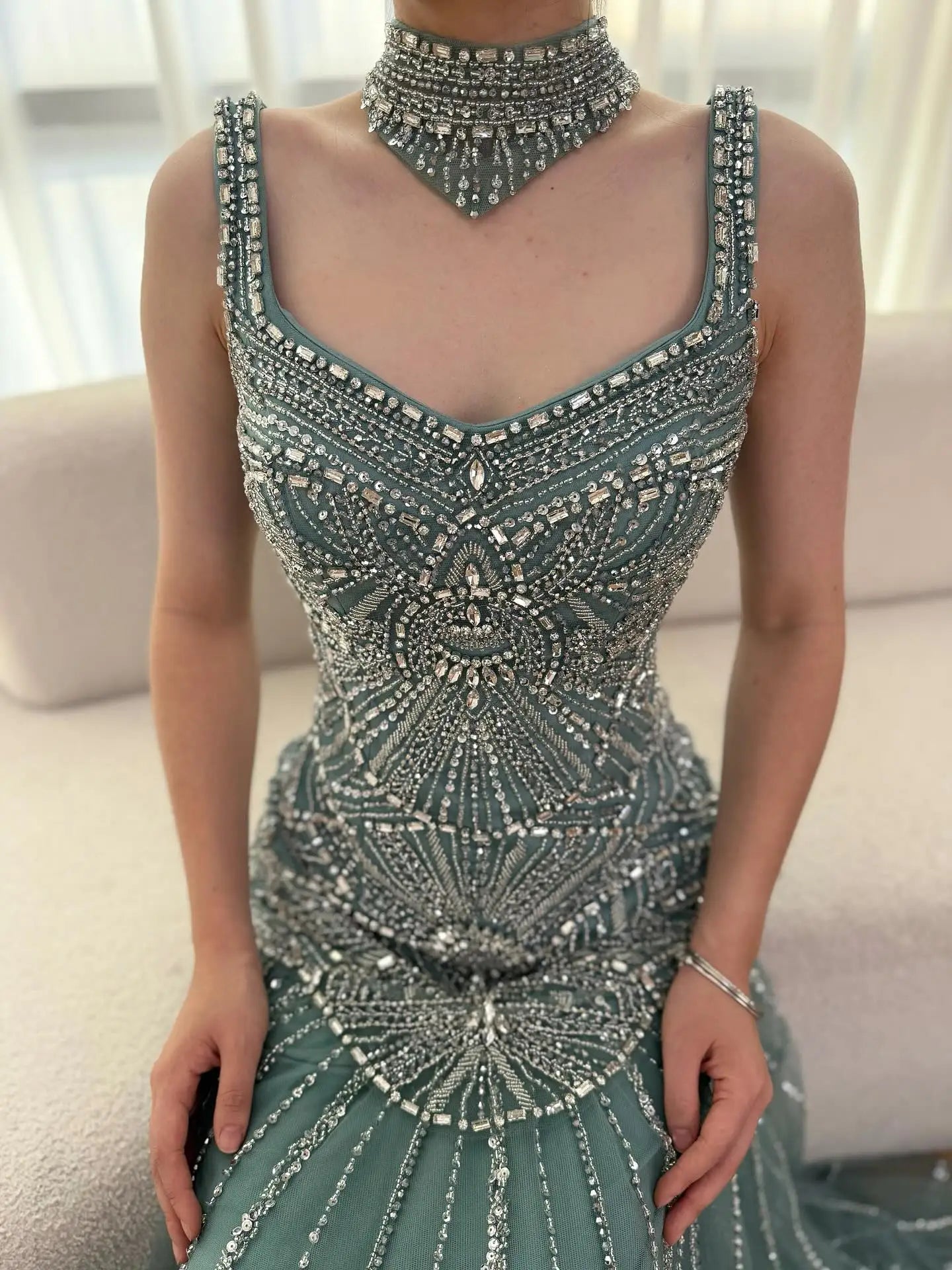 Luxury Turquoise Arabic Mermaid Beaded Evening Dress CLA73189B