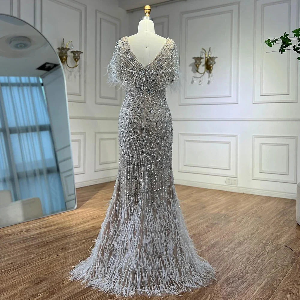 Arabic Pearls Beaded Feathers Mermaid Evening Dress Elegant For Women Wedding Party CLA72837