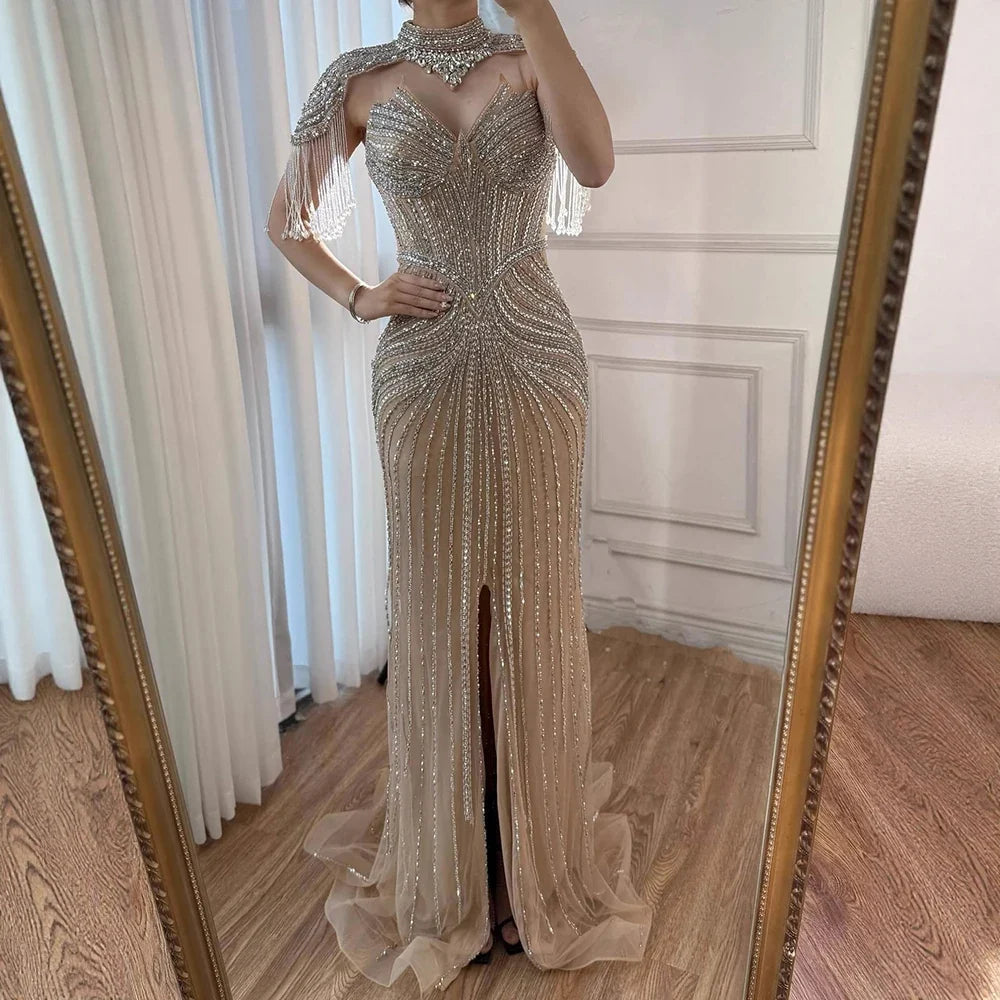 Arabic Luxury Beaded Mermaid Evening Dress With Detachable Tassels Cape CLA72891A