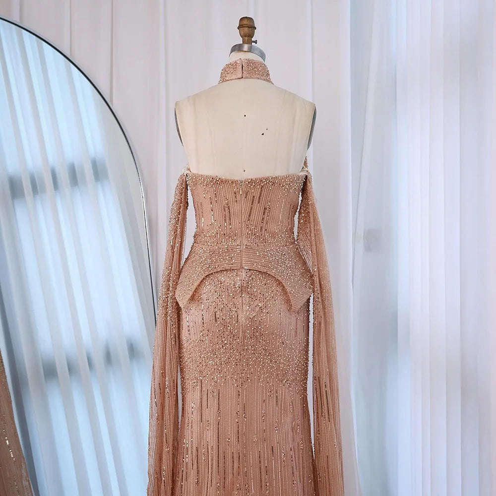 Luxury Rose Gold Beaded Off-Shoulder Evening Dress With Cape Sleeves CLA73076