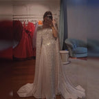 Luxury Nude Dubai Crystal Cape Sleeves A-Line Evening Dress CLA73272