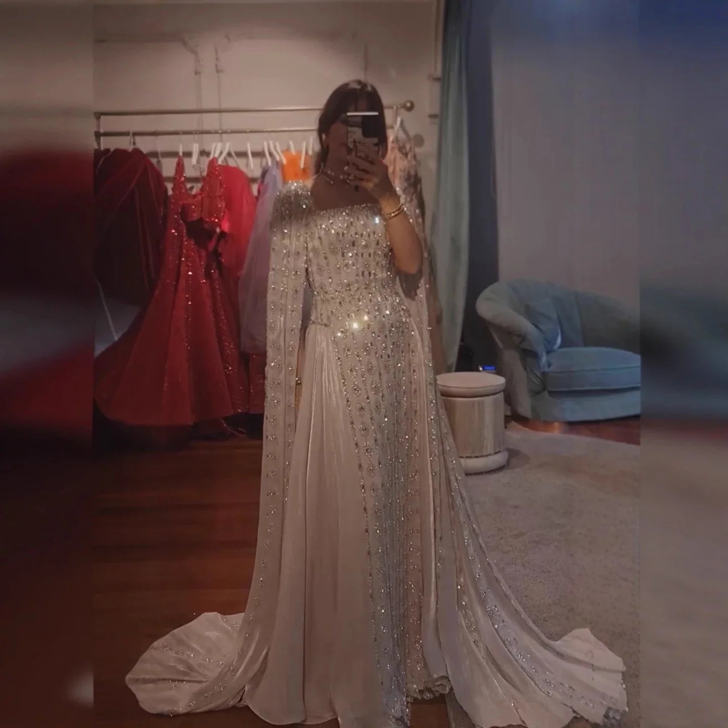 Luxury Nude Dubai Crystal Cape Sleeves A-Line Evening Dress CLA73272