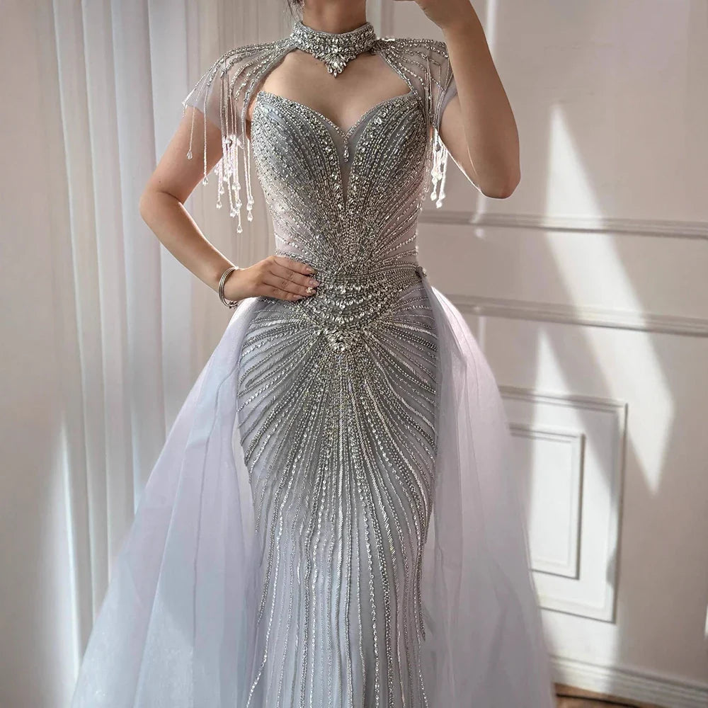 Luxury Nude Beaded Mermaid Detachable Cape Evening Dress With Overskirt CLA73182