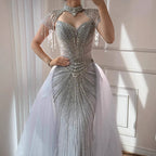 Luxury Nude Beaded Mermaid Detachable Cape Evening Dress With Overskirt CLA73182
