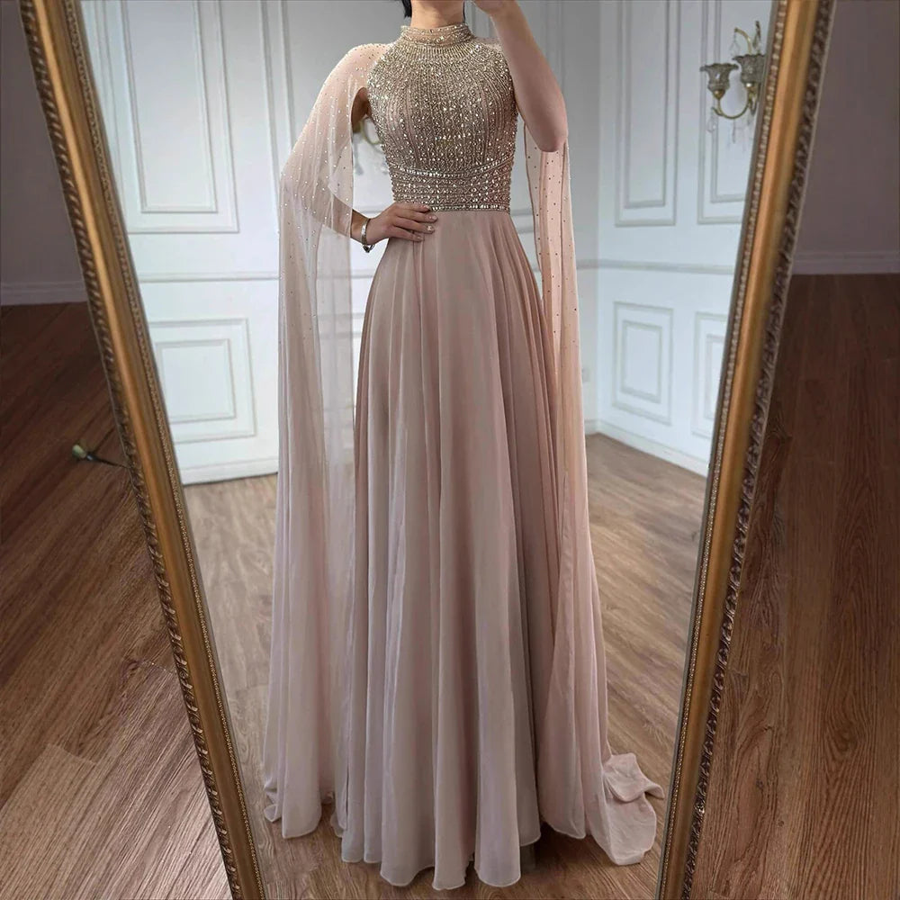 Luxury Nude Chiffon Beaded Evening Dress with Cape LA73144