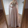 Luxury Nude Chiffon Beaded Evening Dress with Cape LA73144