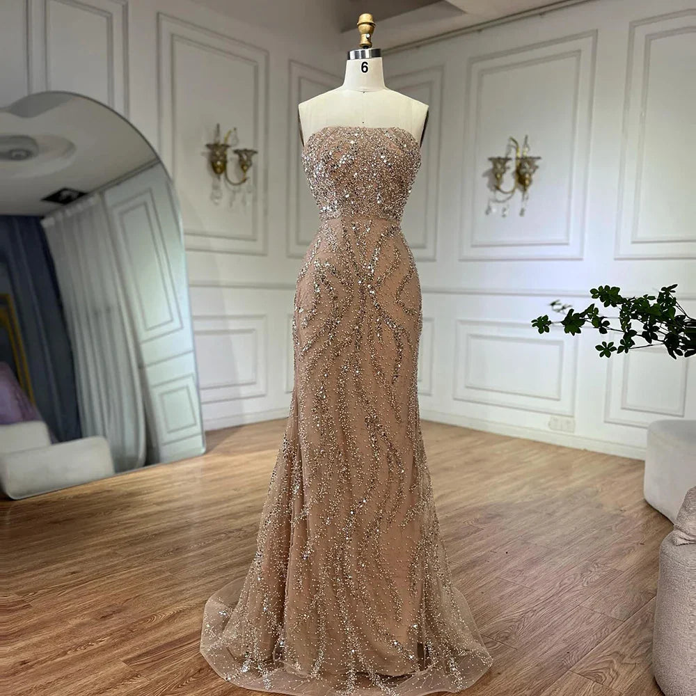 Luxury Nude Beaded Evening Dress with Cape Sleeves CLA72824