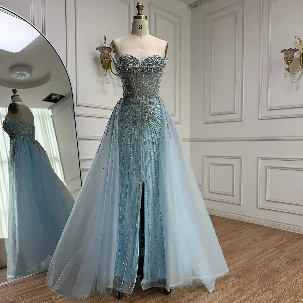 Arabic Luxury Beaded Mermaid Overskirt With Slit Strapless Evening Dress CLA72811