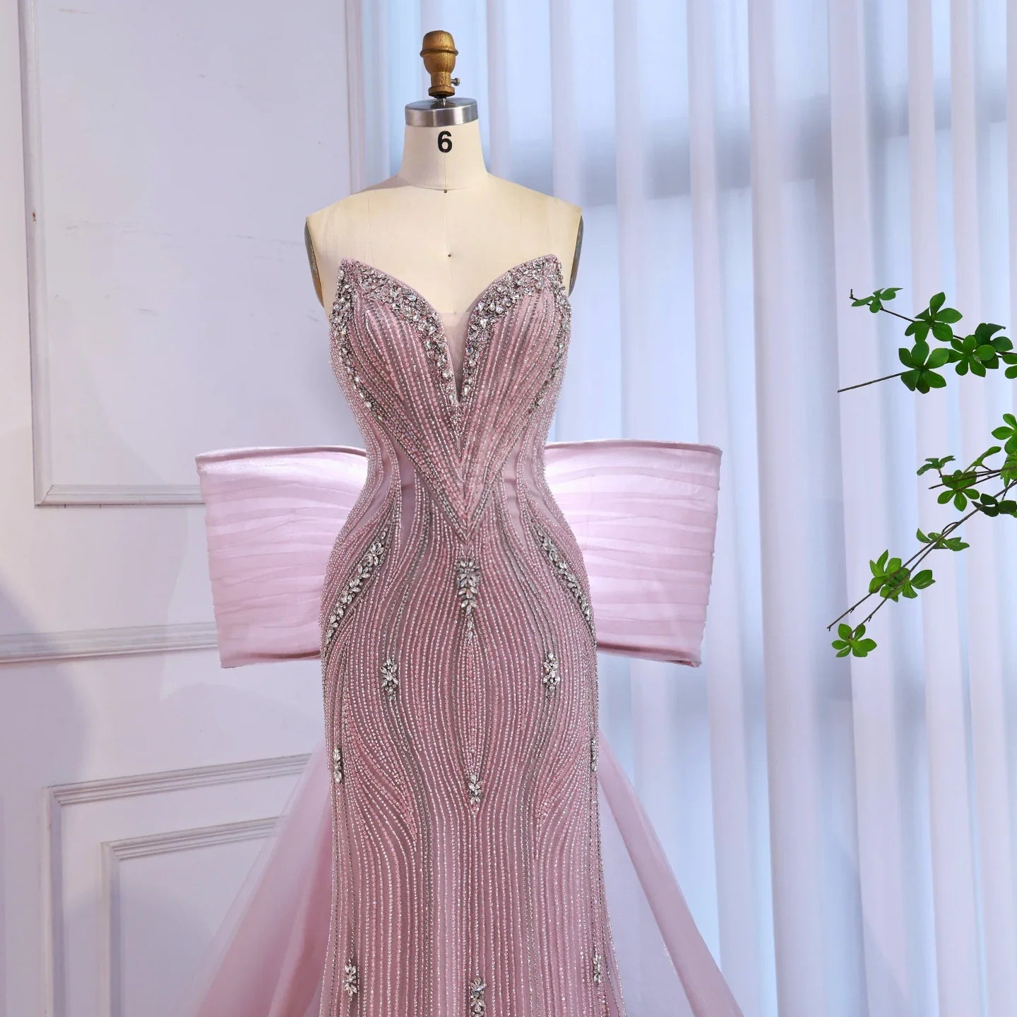 Luxury Beaded Pink Mermaid Evening Dress With Big Bow CLA73061