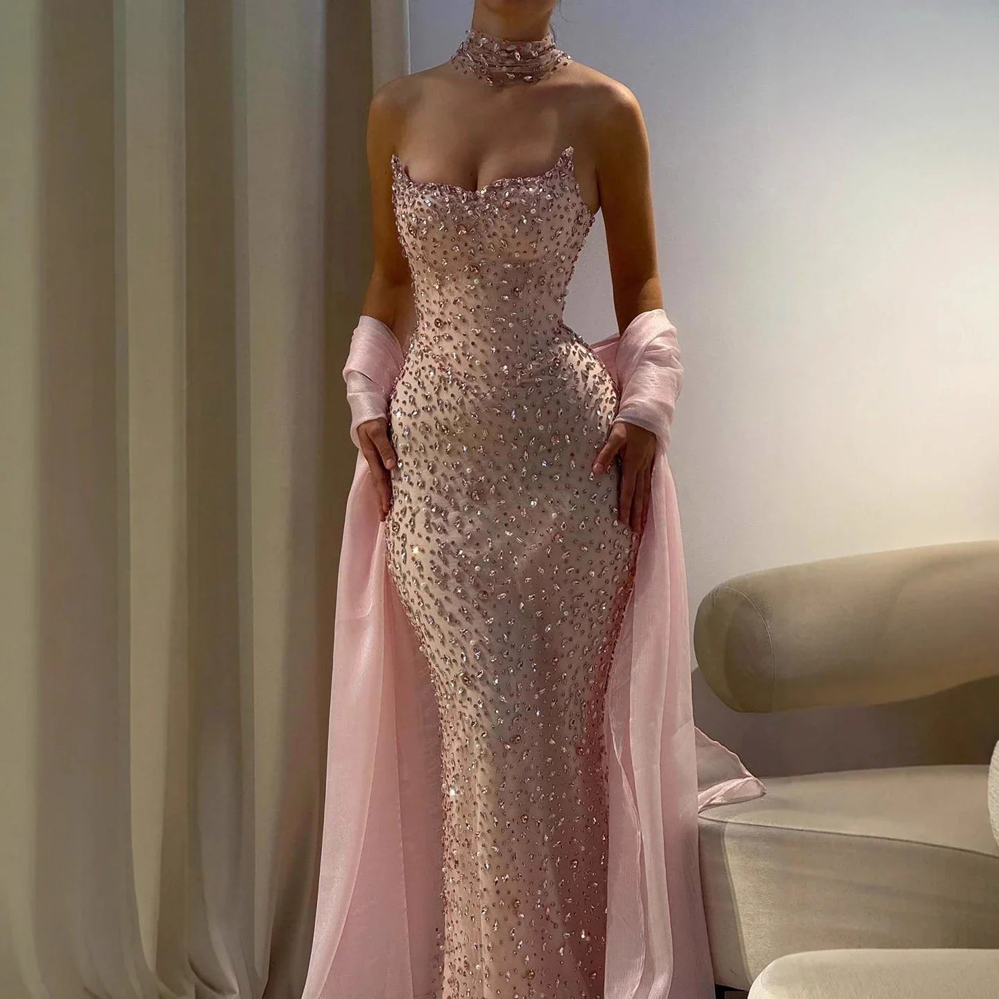 Lebanon Luxury Pink Diamond Evening Dress With Shawl For Women Wedding Party CLA73225