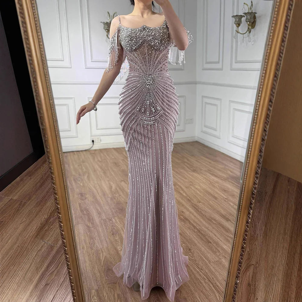 Luxury Sage Green Pearls Beaded Mermaid Evening Dress Off Shoulder CLA73148