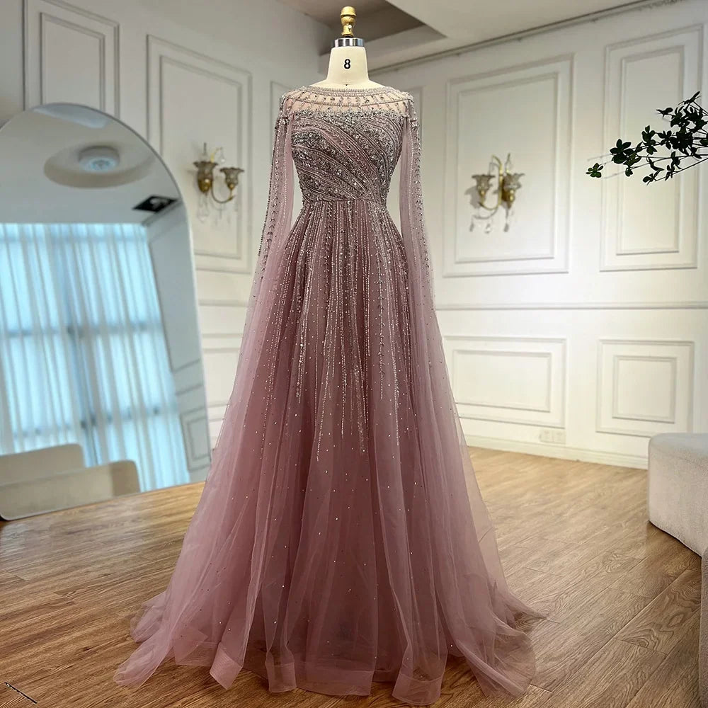 Luxury Beaded A-Line Cape Sleeves Round Neck Modest Evening Dress CLA72994