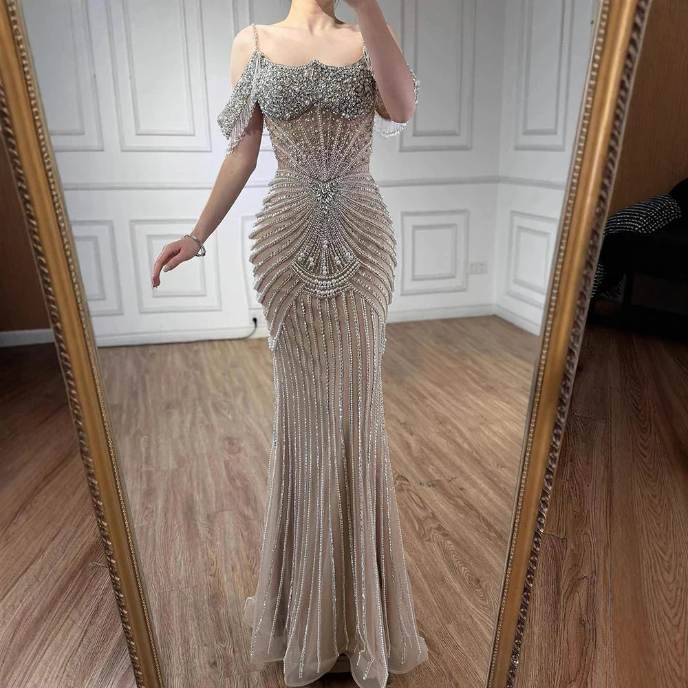 Luxury Sage Green Pearls Beaded Mermaid Evening Dress Off Shoulder CLA73148