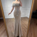 Luxury Sage Green Pearls Beaded Mermaid Evening Dress Off Shoulder CLA73148