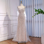 Luxury Lace Pearls Mermaid Evening Dress With Glove White Nude CLA72345E