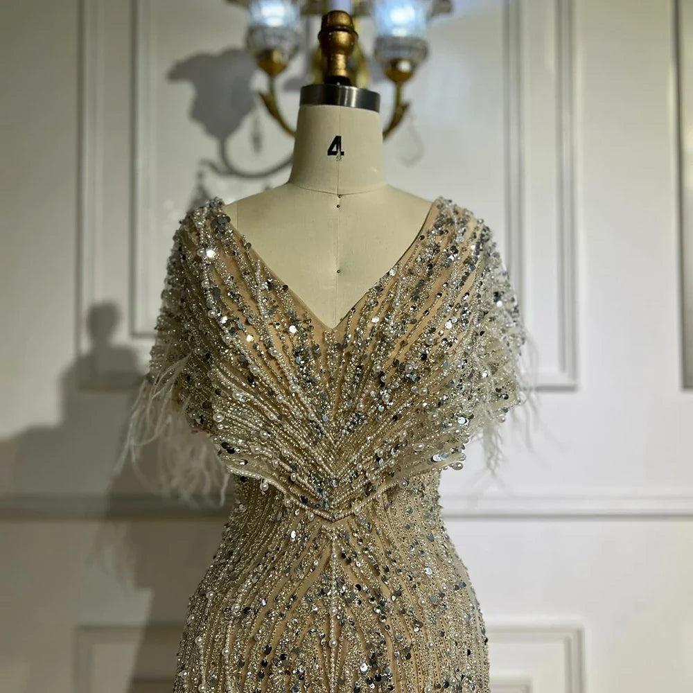 Arabic Pearls Beaded Feathers Mermaid Evening Dress Elegant For Women Wedding Party CLA72837
