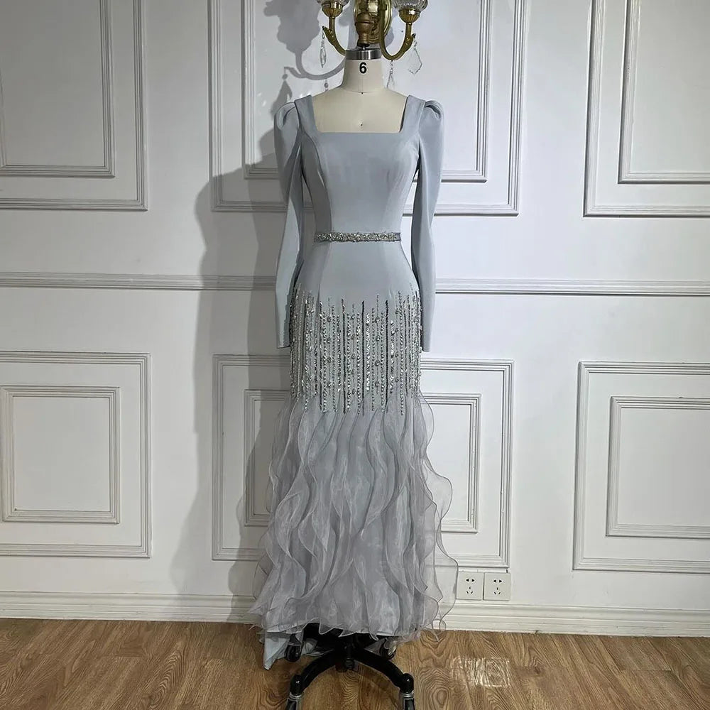Arabic Simple Style Satin Ruffle Tiered Square Neck Mermaid Evening Dress Elegant For Women Wedding Party Gown CLA72317
