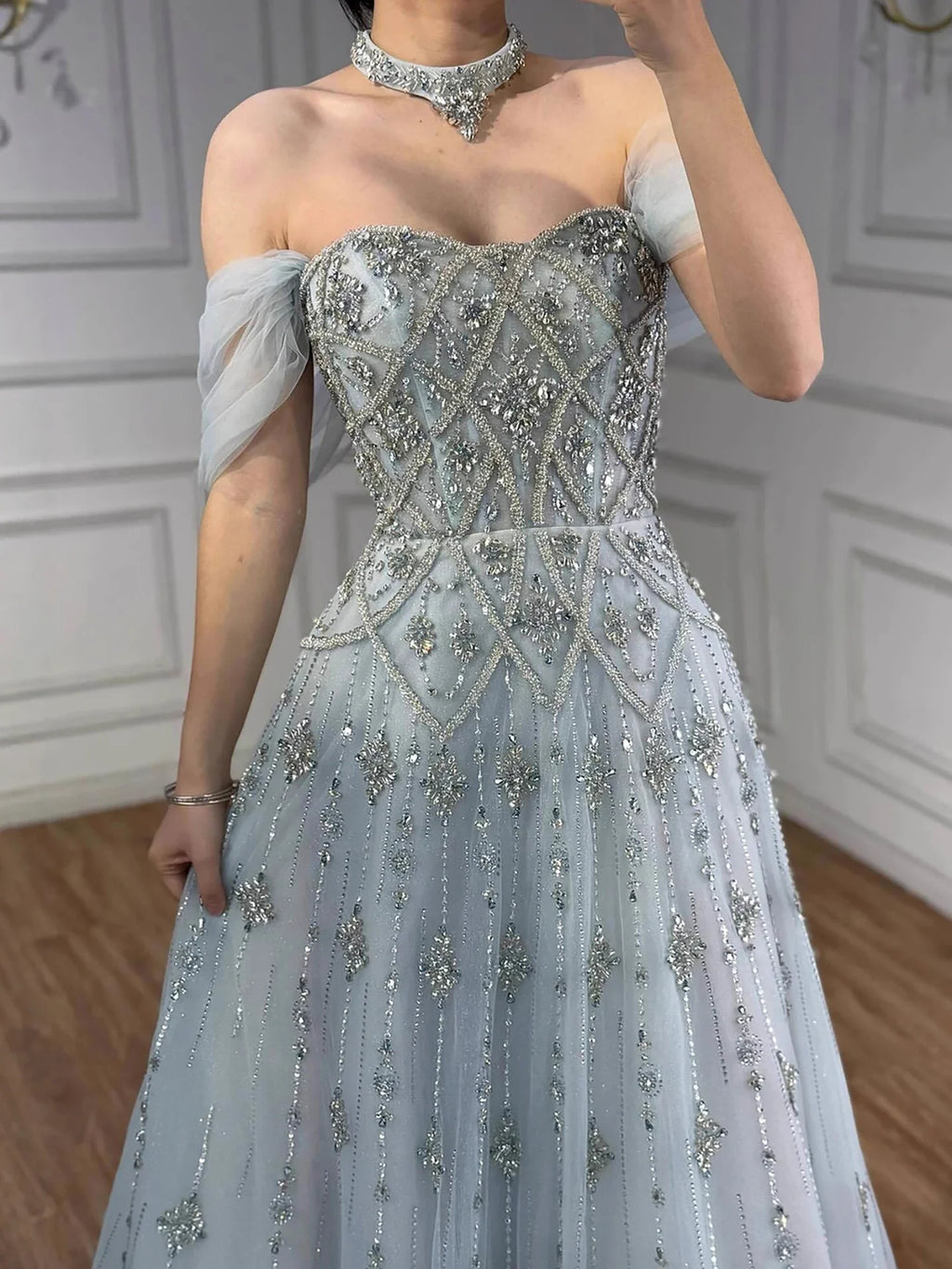 Luxury Gray Blue A-Line Dreamy Beaded Puffy Evening Dress With Necklace CLA73397