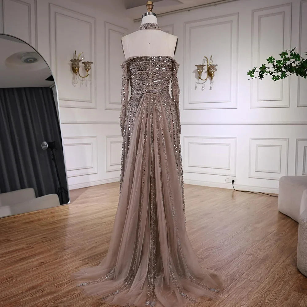 Luxury Caramel Off Shoulder Beaded Mermaid Evening Dress Long Sleeves CLA73053