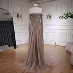 Luxury Caramel Off Shoulder Beaded Mermaid Evening Dress Long Sleeves CLA73053
