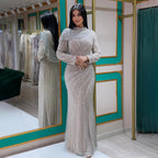 Modest Muslim Silver Nude Beaded Long Sleeves Evening Dress CLA70752H