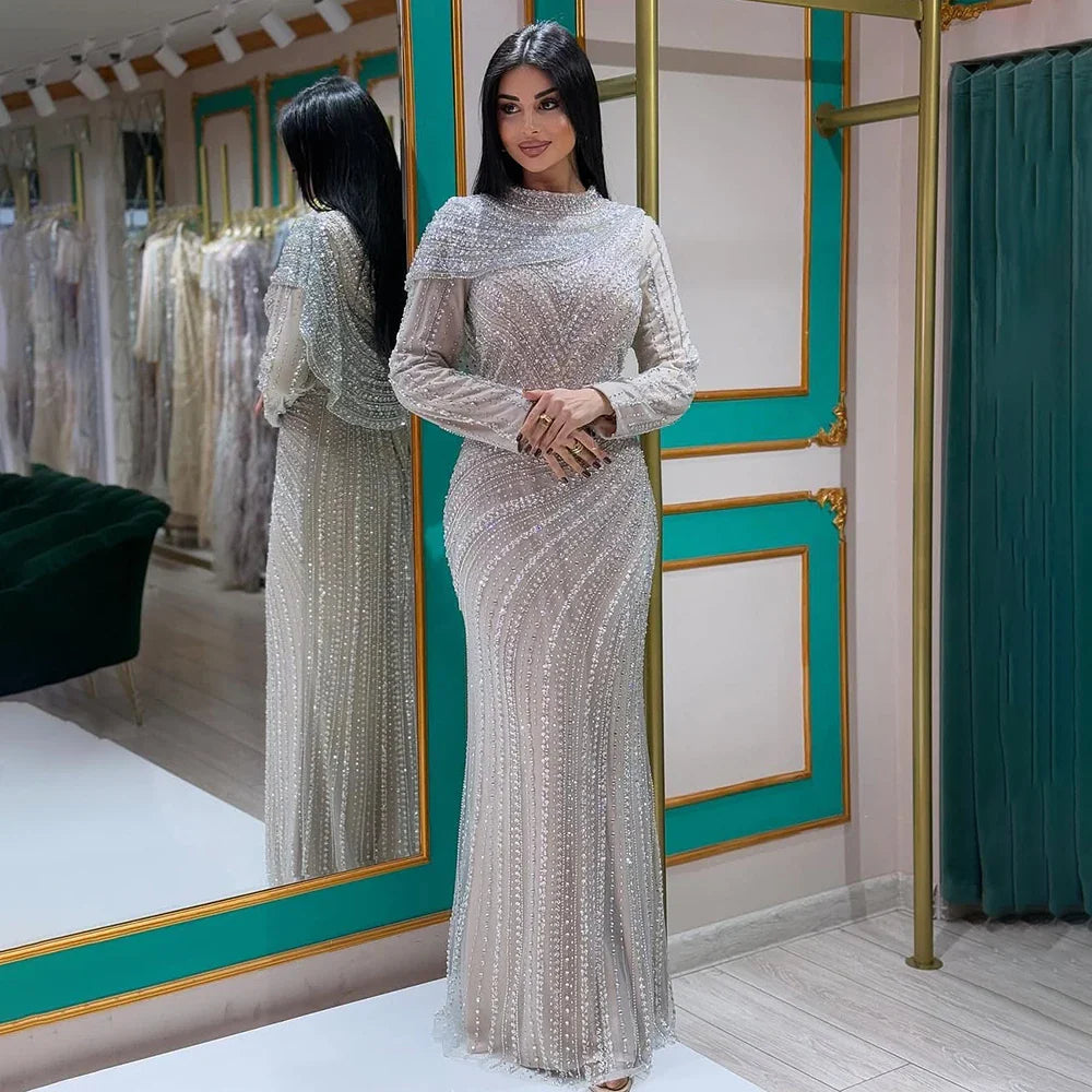 Modest Muslim Silver Nude Beaded Long Sleeves Evening Dress CLA70752H