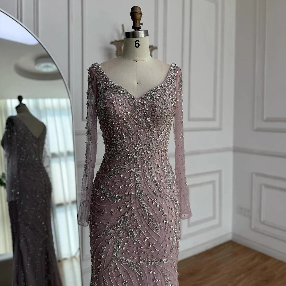 Luxury Muslim Nude Arabic Mermaid Beaded Evening Dress CLA73191