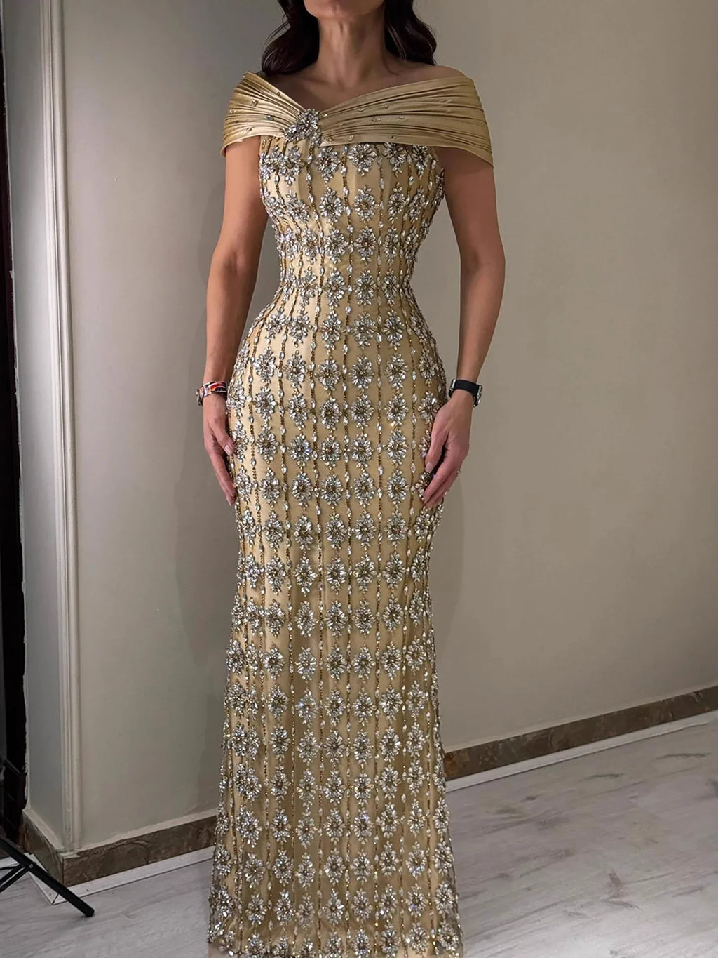 Arabic Luxury Gold Beaded Mermaid Evening Dress CLA73362