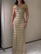 Arabic Luxury Gold Beaded Mermaid Evening Dress CLA73362
