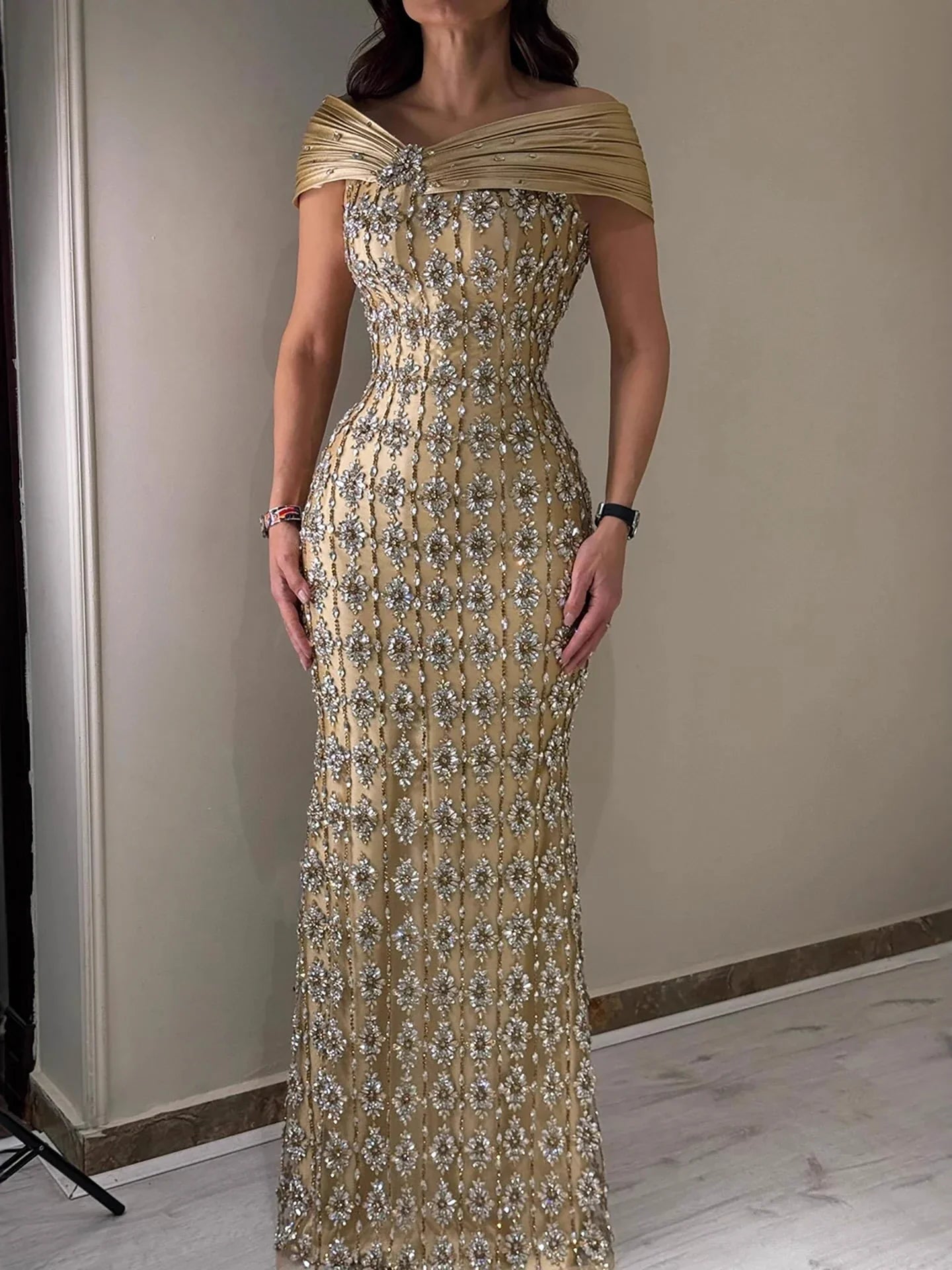 Arabic Luxury Gold Beaded Mermaid Evening Dress CLA73362