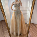 Luxury Nude Spaghetti Strap Mermaid Evening Dress with Overskirt Beaded CLA73090A