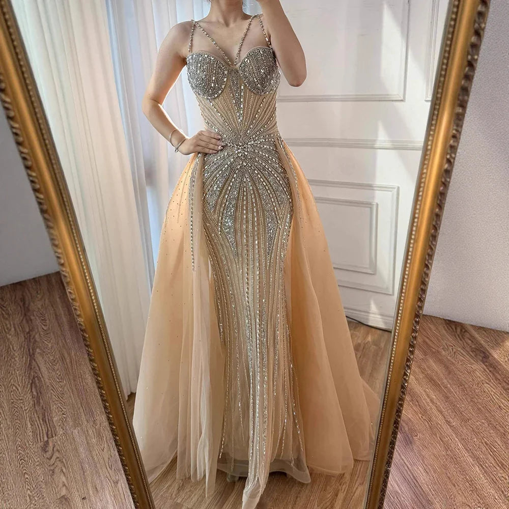Luxury Nude Spaghetti Strap Mermaid Evening Dress with Overskirt Beaded CLA73090A