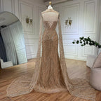 Luxury Nude Beaded Evening Dress with Cape Sleeves CLA72824