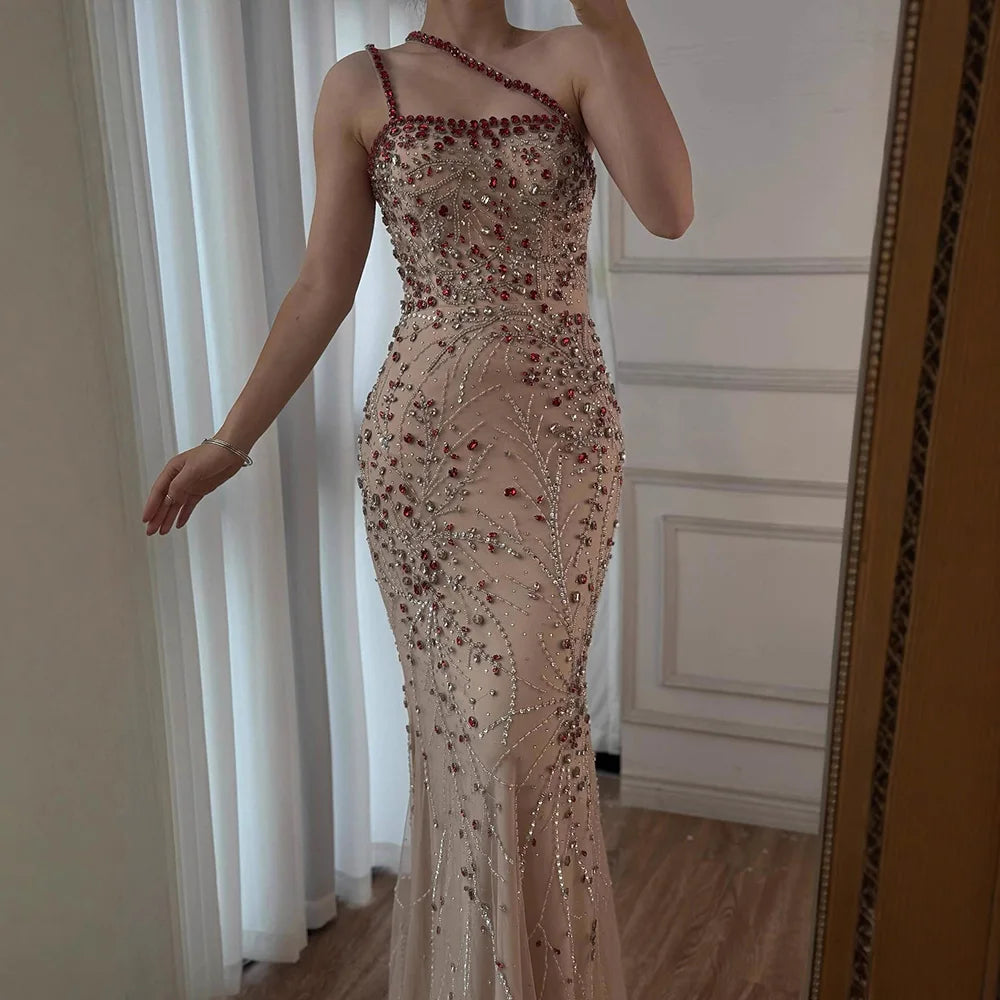 Luxury Red Saudi Arabic Crystal Beaded One Shoulder Evening Dress CLA73135