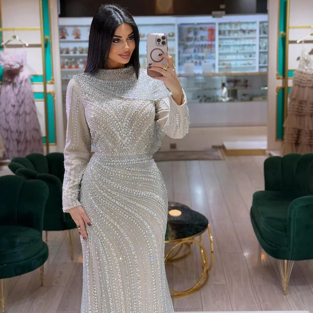Modest Muslim Silver Nude Beaded Long Sleeves Evening Dress CLA70752H