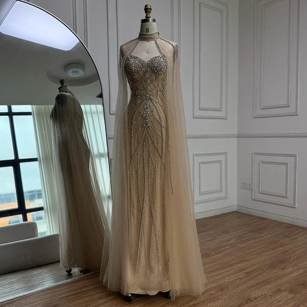 Luxury Turquoise Beaded Cape Sleeve Saudi Arabic Evening Dress LA73136A