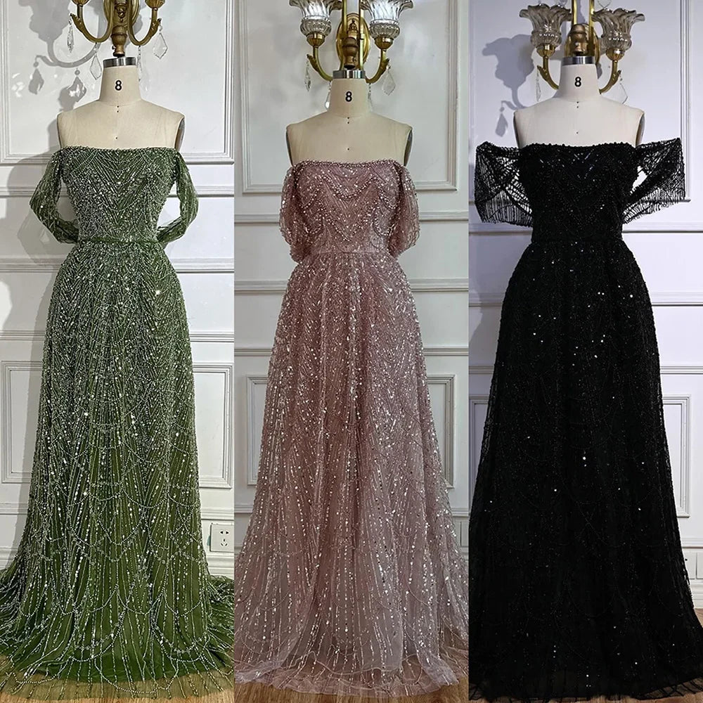 Luxury Nude A-Line Pearls Off Shoulder Evening Dress CLA72738A