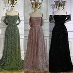 Luxury Nude A-Line Pearls Off Shoulder Evening Dress CLA72738A